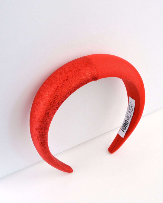 "QUINN" Red Foil Finish and Satin Padded Headband by FORD MILLINERY