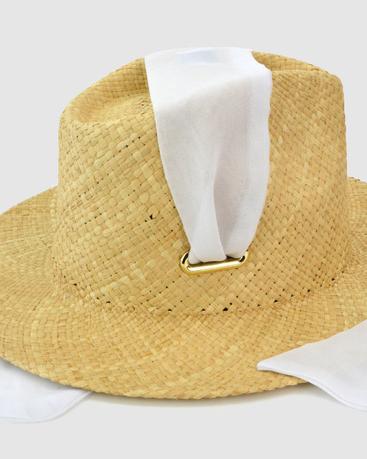 CUBA (straw w eyelets white scarf) by FORD MILLINERY- close up