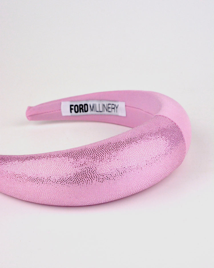 "QUINN" Light Pink Foil Finish and Satin Padded Headband by FORD MILLINERY