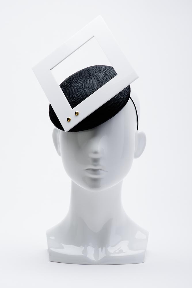 FORD MILLINERY | "Mod Square" | White acrylic square & black straw hat by Chantelle Ford