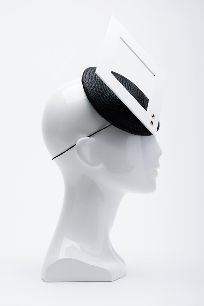 FORD MILLINERY | "Mod Square" | White acrylic square & black straw hat by Chantelle Ford