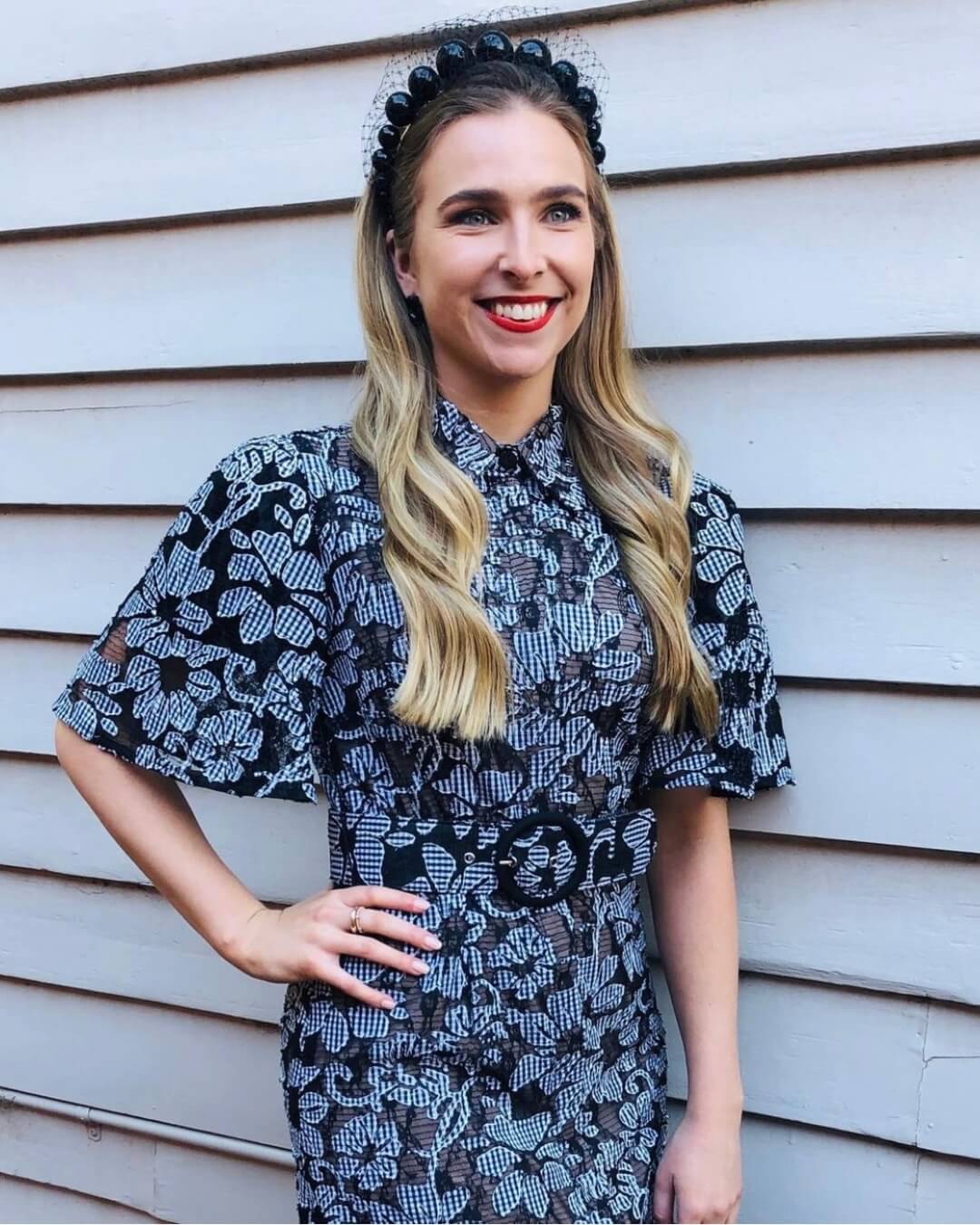 racing presenter grace ramage wearing camilla pearl headband in black