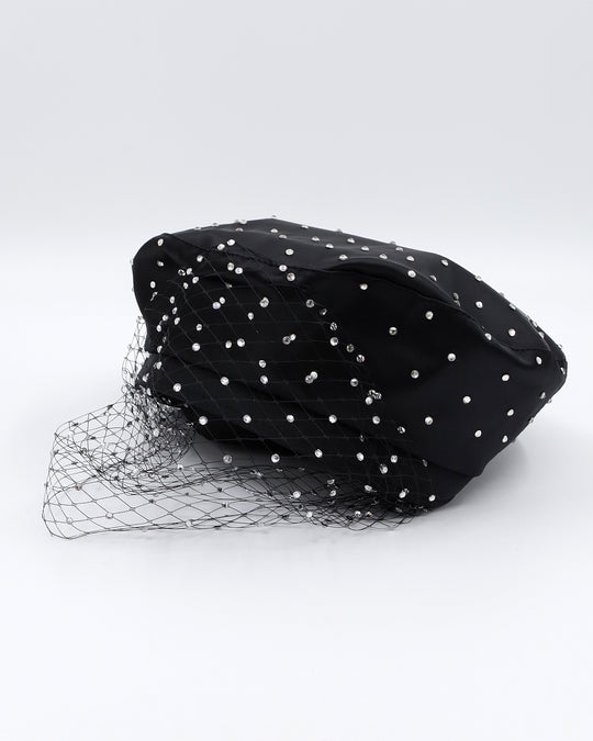 black faux leather beret with crystal embellishments and black veil