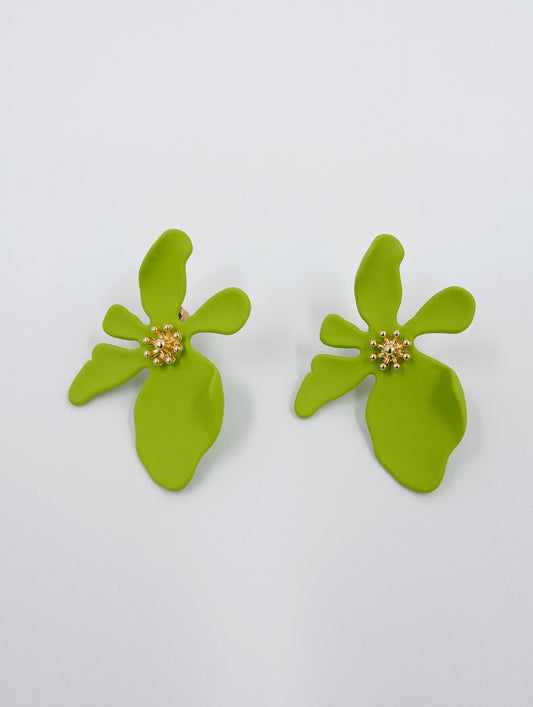 lime-coloured, abstract-shaped flower earrings with gold centre that look like stamen