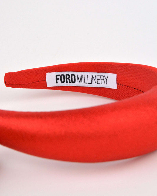 "QUINN" Red Foil Finish and Satin Padded Headband by FORD MILLINERY