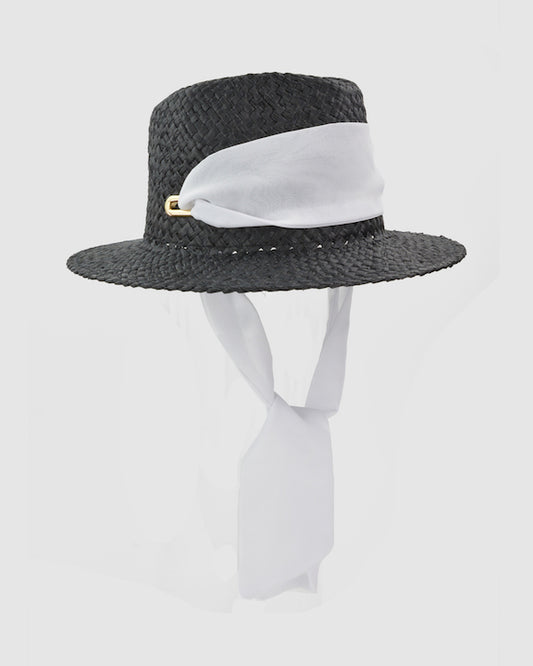 CUBA (black w eyelets white scarf) by FORD MILLINERY- front