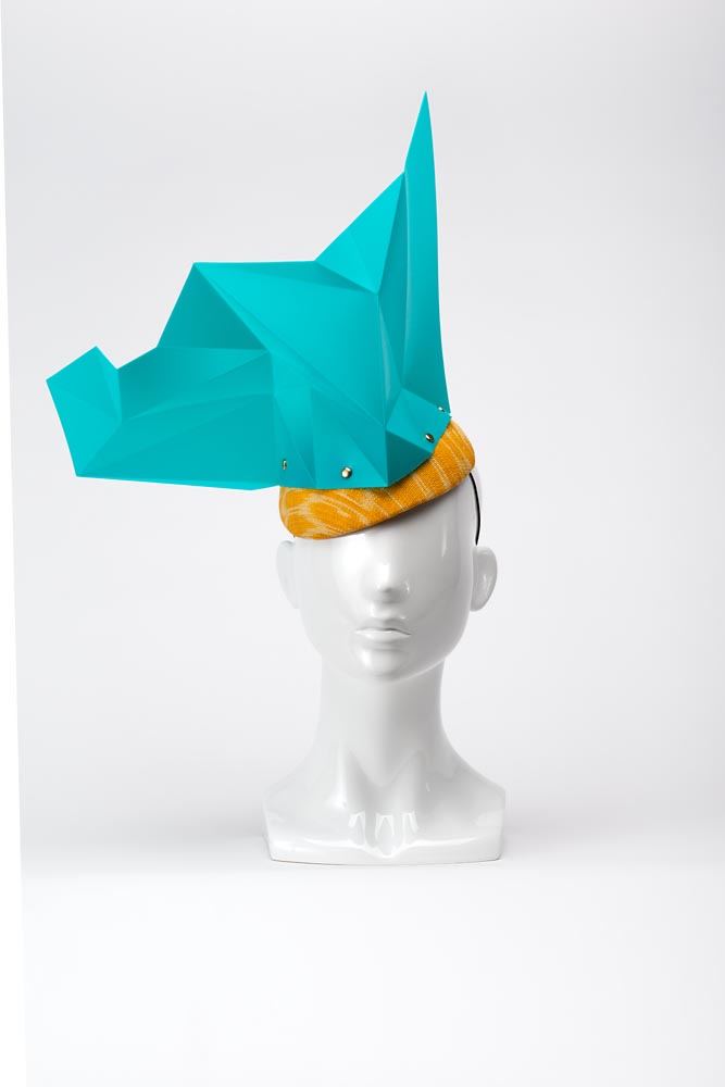 FORD MILLINERY | "Aqua Mamba" | Aqua / blue & yellow origami headpiece