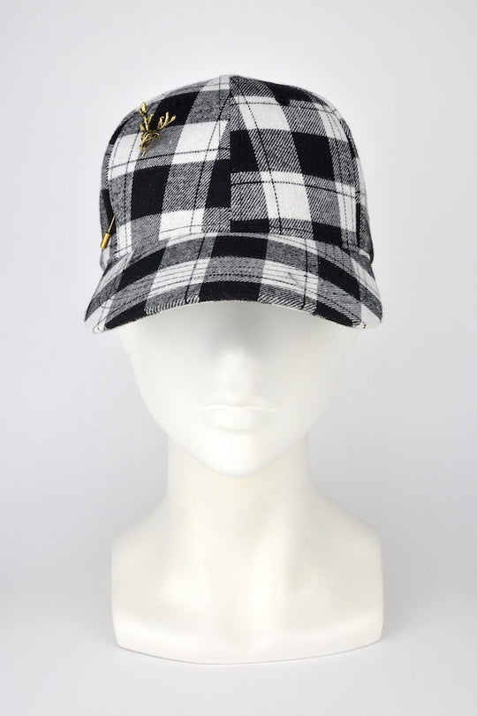 "HUNTER" | Black & White plaid baseball cap with gold deer pin by FORD MILLINERY