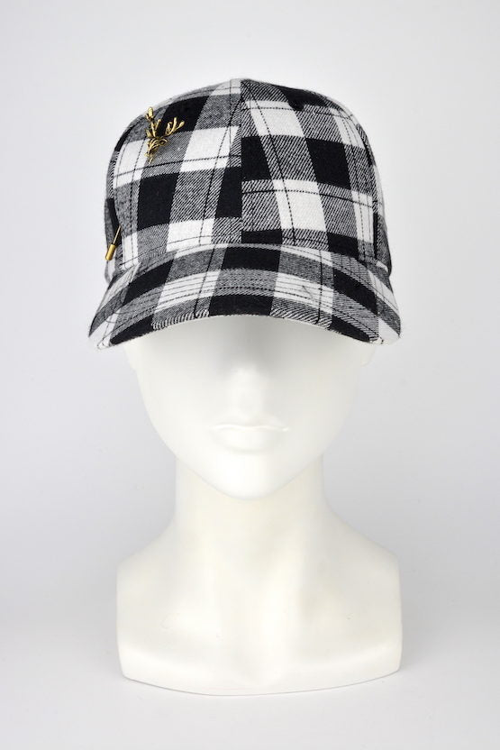 "HUNTER" | Black & White plaid baseball cap with gold deer pin by FORD MILLINERY