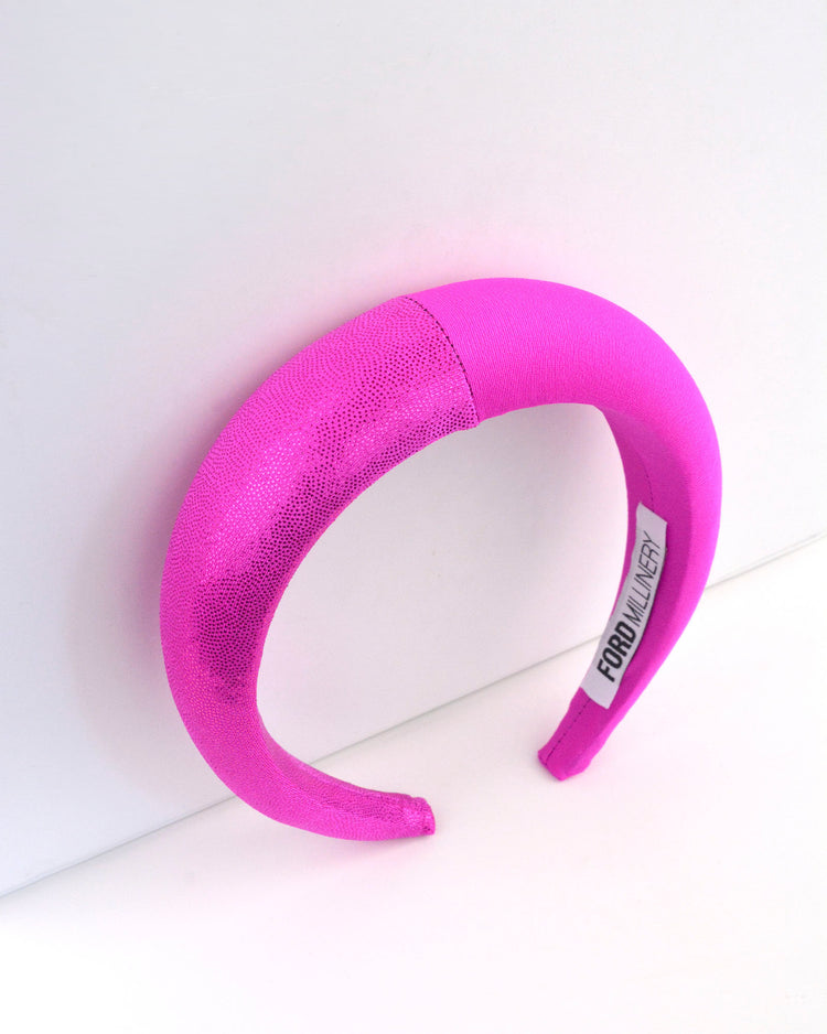 "QUINN" Hot Pink Foil Finish and Satin Padded Headband by FORD MILLINERY