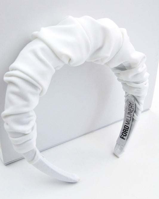 "JUDE" White Ruched Matte Headband by FORD MILLINERY