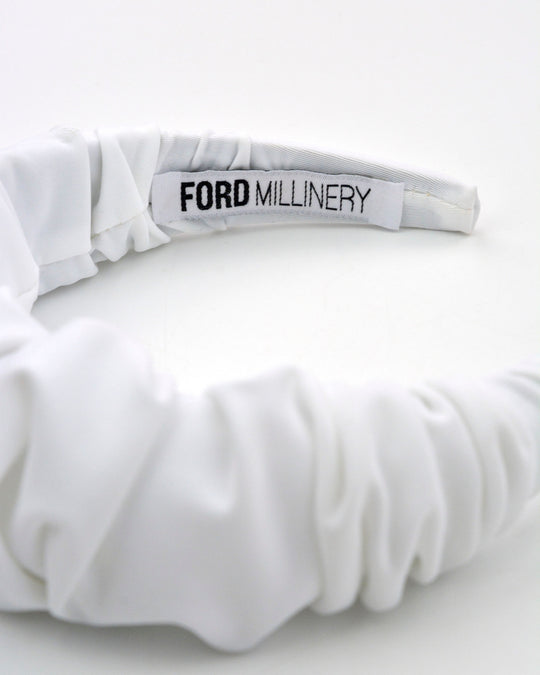 "JUDE" White Ruched Matte Headband by FORD MILLINERY