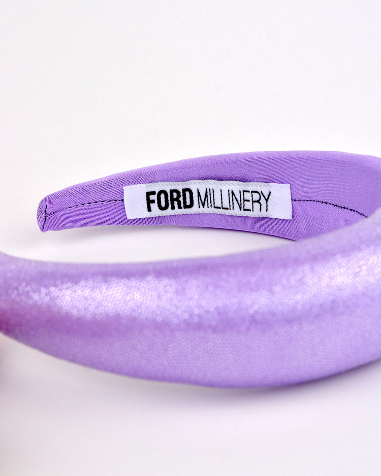 "QUINN" Lavander Foil Finish and Satin Padded Headband by FORD MILLINERY