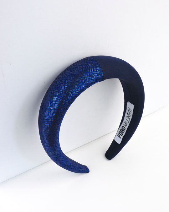 "QUINN" Navy Foil Finish and Satin Padded Headband by FORD MILLINERY