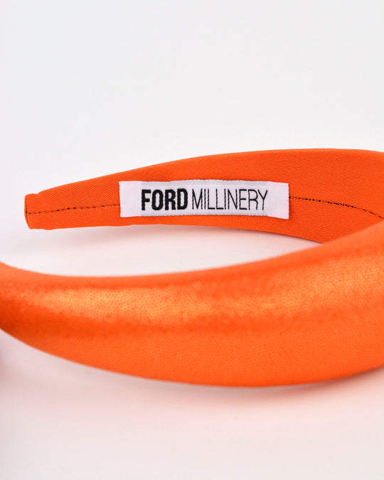 "QUINN" Orange Foil Finish and Satin Padded Headband by FORD MILLINERY