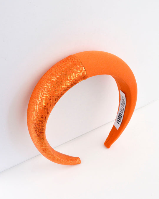 "QUINN" Orange Foil Finish and Satin Padded Headband by FORD MILLINERY
