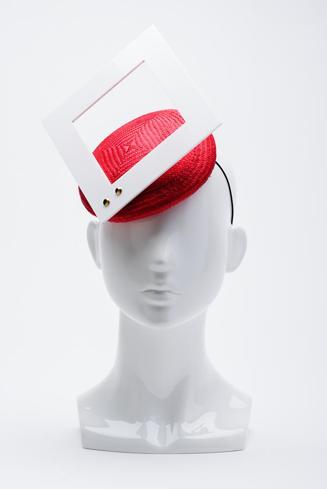 FORD MILLINERY | "Mod Square" | White acrylic square & red straw hat by Chantelle Ford